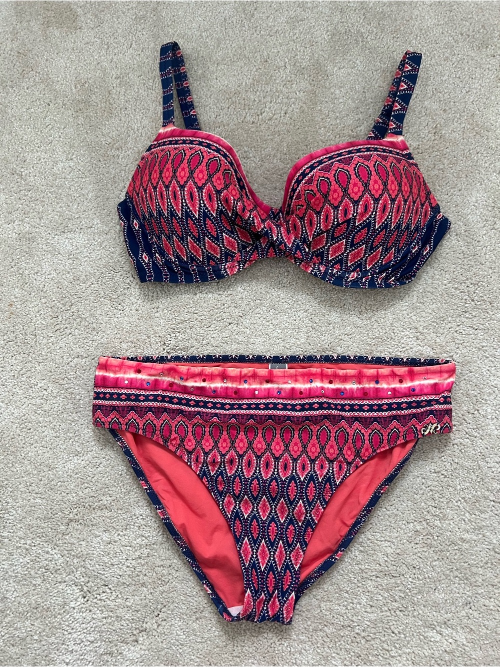Patterned Pink and Navy Two-Piece Bikini Set